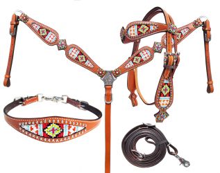Showman Multi Colored beaded browband headstall and breast collar 4 Piece set